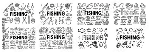 Hand-drawn fishing equipment and activities sketches
