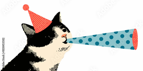 A playful black and white cat celebrates with a party horn and hat