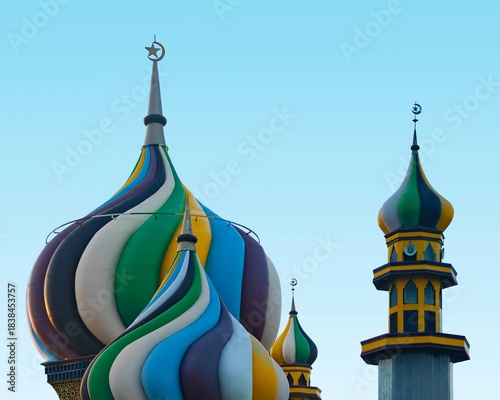 Golden domes and crosses adorn the Russian Orthodox cathedral architecture against the sky in Moscow