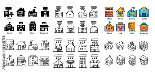 Icon set: office, home, factory, hospital
