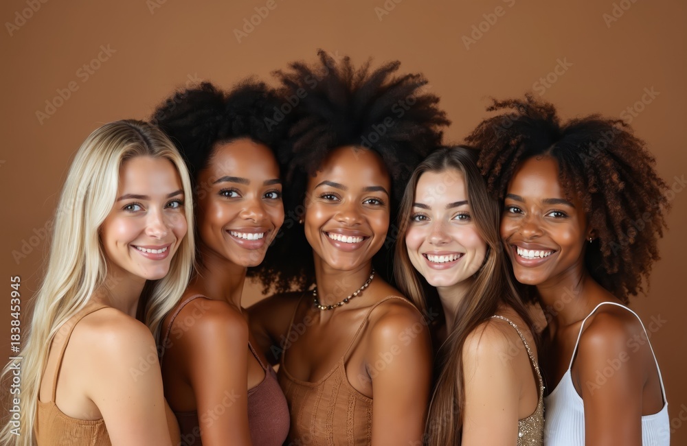Obraz premium Five smiling women of diverse ethnicities pose closely together. Their varied hairstyles and skin tones suggest unity and beauty. They wear casual tops against a warm brown backdrop.