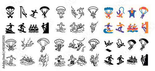 Paragliding and surfing stick figures