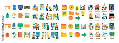 Colorful office and workspace icons collection