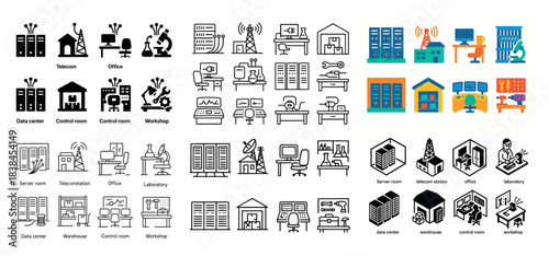 Tech workspaces and equipment icons set