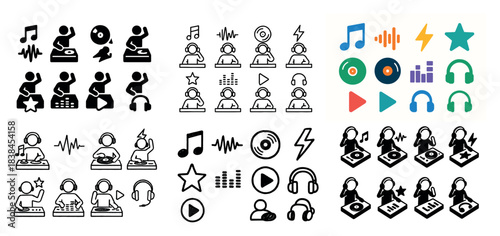 Dj icon set: music symbols and figures