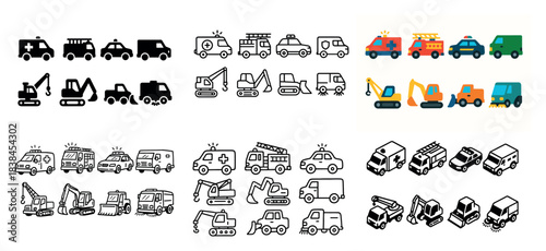 Colorful and outline construction vehicles