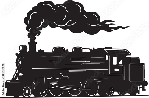 Black Silhouette of a Steam Locomotive with Smoke on White Background train on transparent background