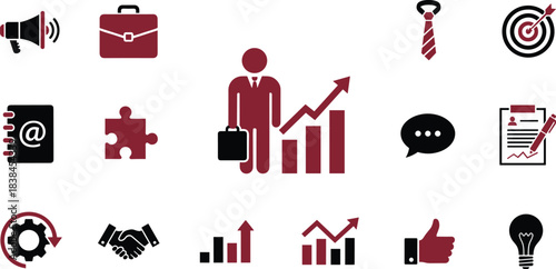 Business and Productivity Icon Set Featuring Growth, Strategy, Communication, Planning, and Success for Web, App, and Presentation Design