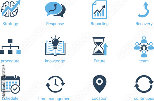 Business and Project Management Icons Set Representing Strategy, Scheduling, Teamwork, Knowledge, and Planning for UI and Presentation Design