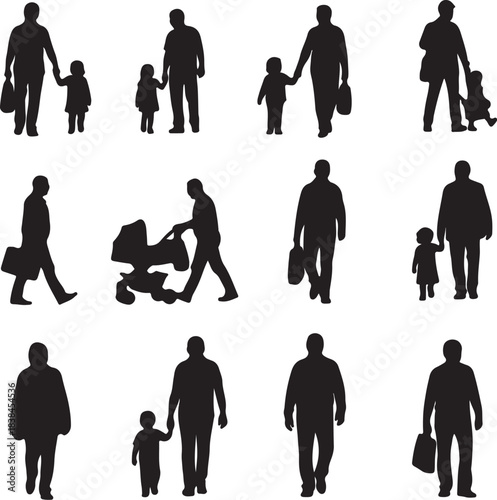 Diverse Silhouettes of Parents and Children Walking and Pushing Strollers family on transparent background