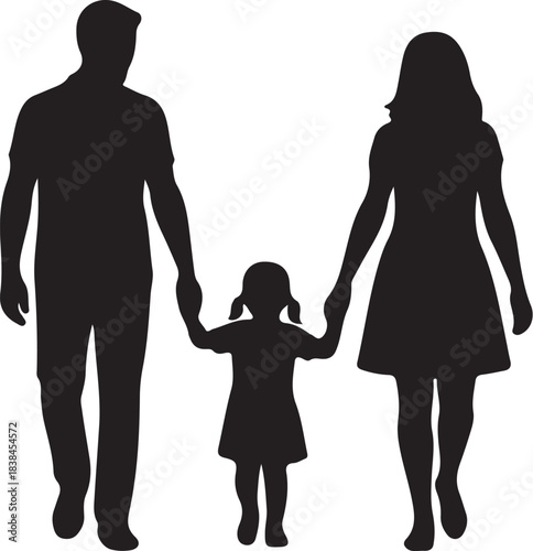 Silhouette of a family walking hand in hand with a young child in the middle parents daughter on transparent background
