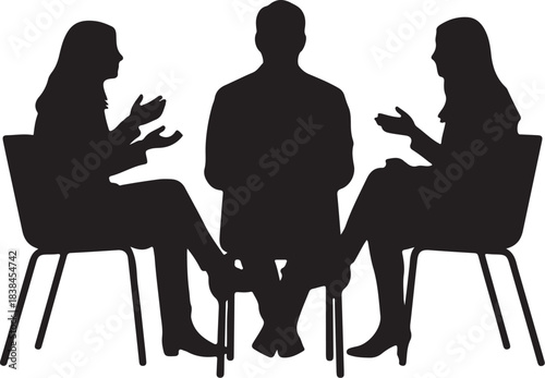 Three People Silhouettes in Discussion Seated on Chairs Keywords: people, silhouette, discussion, meeting, conversation, group, collaboration, business, communication, on transparent background