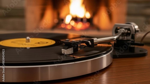 Vintage record player playing vinyl with a cozy fireplace in the background.