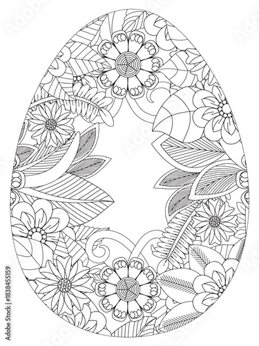 Simple Easter egg illustration decorated with a delicate and clean outline pattern of daisy flowers perfect for coloring pages