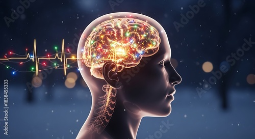 Intricate digital illustration of a human head depicting a brightly glowing brain with active neural pathways and an illuminating heartbeat line extending outwards