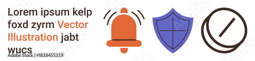 Security, notifications, alert systems, protection, vigilance, data safety. A notification bell, shield and an abstract icon. Security and notifications concept