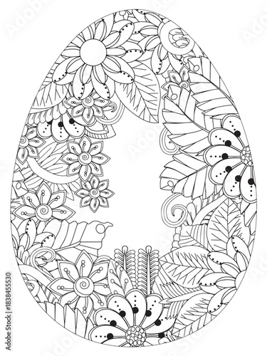 Simple Easter egg illustration decorated with a delicate and clean outline pattern of daisy flowers perfect for coloring pages