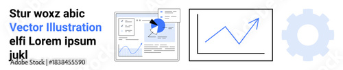 Data analysis, website optimization, business growth, digital tools, online insights, productivity. Graphs, gear icon and user interface layouts. Data analysis and website optimization concept