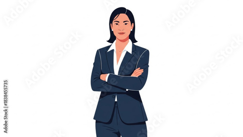 Confident asian businesswoman in dark blue suit stands with arms crossed against a white background