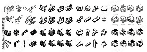 Industrial tools and factory icons set