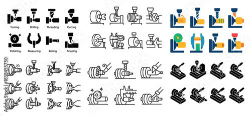 Machine tool icons set: drilling, cutting