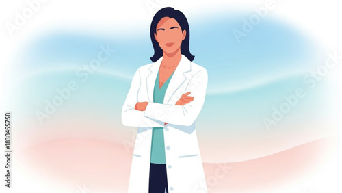 Confident female scientist or doctor in a white lab coat stands with arms crossed against soft background
