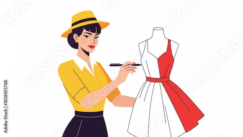 Stylish female fashion designer in yellow hat sketching a dress design on a white mannequin