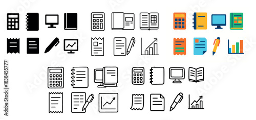 Office icons: computers, books, calculators