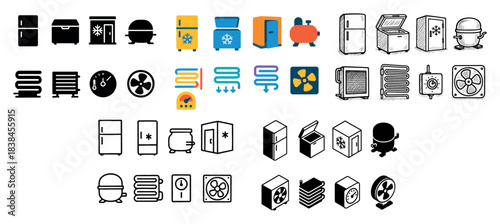 Various icons of refrigerators and fans
