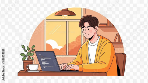 Young man working on laptop at home office desk with warm sunset light illuminating the cozy interior space