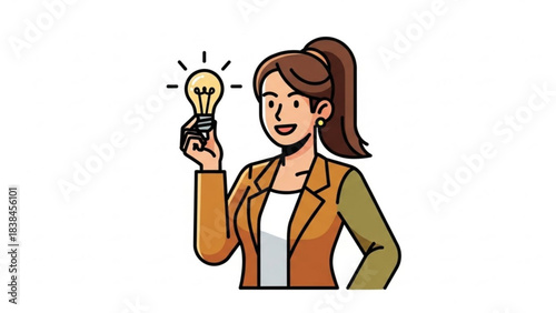 Confident businesswoman holding a glowing lightbulb symbolizing a brilliant new idea for success