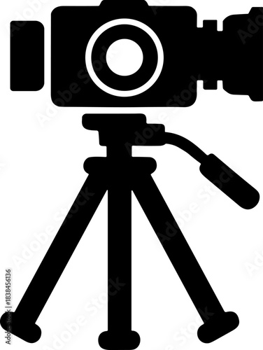 High-Quality Black Silhouette Vector Icon of a Professional Video Camera or Camcorder Mounted on a Tripod Stand, Ideal for Filming, Broadcasting, Cinematography, and Digital Media Concepts