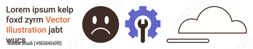 Emotion, technology, troubleshooting, design, abstract ideas, learning. Sad face, gear with a wrench and a cloud. Emotion and technology concepts for troubleshooting and design