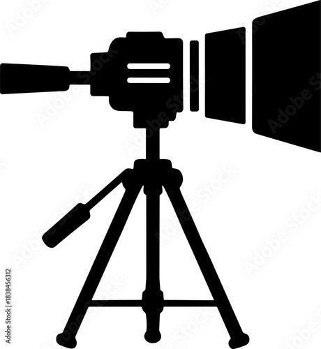 Professional Video Camera on Tripod Silhouette Icon: Essential Vector Illustration for Filmmaking, Broadcast Media, Studio Recording, Television, and Modern Digital Production Concepts.