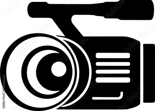 Professional Video Camera Icon Vector Illustration: High-Quality Black and White Silhouette of a Modern Camcorder Symbol for Movie Production, Filmmaking, and Streaming Technology UI/UX Design Assets.
