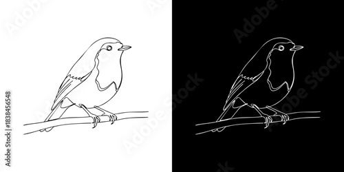 Minimalist outline drawing of a small bird perched on a branch, presented in both light and dark mode versions for versatile design applications