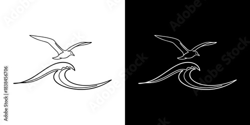 Elegant Flying Seagull and Ocean Wave Line Art Symbol in Scalable Vector Graphic Format, Ideal for Coastal Themes and Marine-Inspired Branding Projects