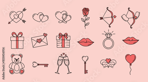 Discover a charming Valentine’s Day doodle set. hand‑drawn hearts, love icons, romantic elements, Valentine’s Day illustrations.