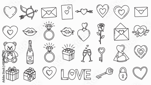 Discover a charming Valentine’s Day doodle set. hand‑drawn hearts, love icons, romantic elements, Valentine’s Day illustrations.