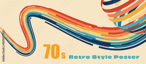 Rainbow ribbon with parallel lines in perspective. Dynamic retro poster in the 70s style. Abstract vector illustration with a wavy industrial design.
