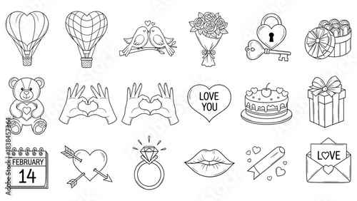 Discover a charming Valentine’s Day doodle set. hand‑drawn hearts, love icons, romantic elements, Valentine’s Day illustrations.