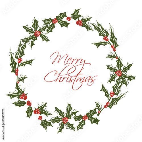 Merry Christmas wreath with winter floral elements. Mistletoe branches with red berries circle frame. Vector hand drawn sketch illustration for seasonal greeting card, invitations with copy space