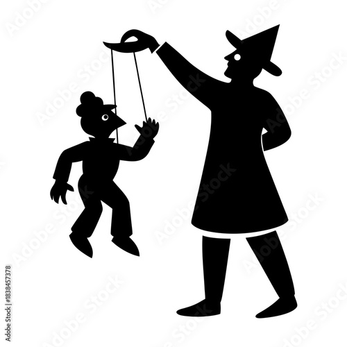 silhouette of a man playing a trumpet Puppet show with a performer controlling a puppet in a simple black and white design