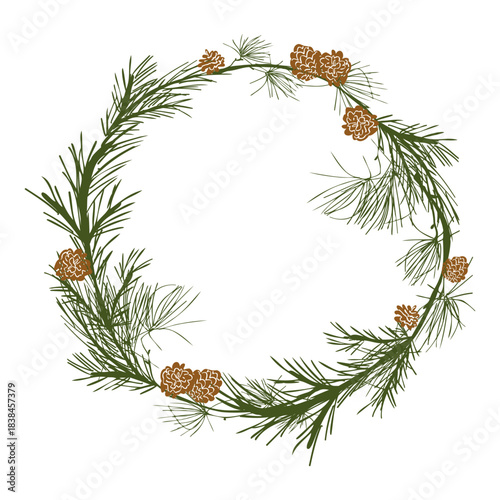 Christmas wreath with fir tree branches and pine cones. Evergreen tree circle frame. Vector hand drawn illustration for seasonal greeting card, invitation with blank copy space isolated on white