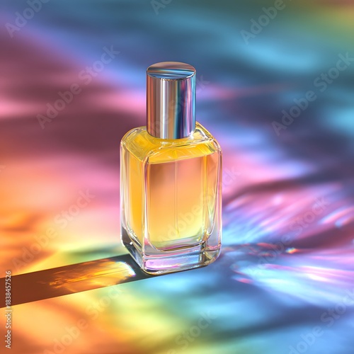 Perfume bottle with vibrant prism lighting and colorful reflections