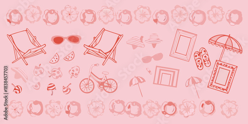 A charming pink illustration depicting summer vacation elements and beach accessories