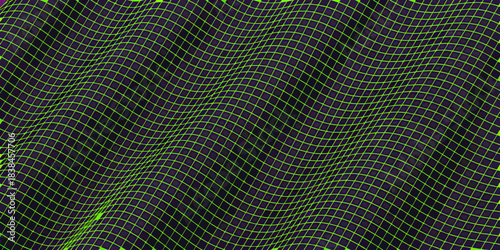 Abstract wavy lines in vibrant green and deep purple hues create a dynamic pattern