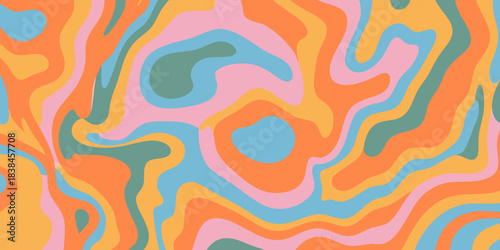Abstract liquid swirl pattern featuring bright orange teal and pink hues