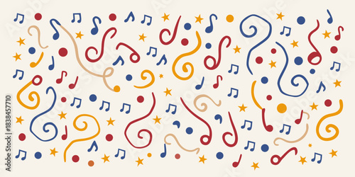 A colorful background featuring musical notes and stars a playful design