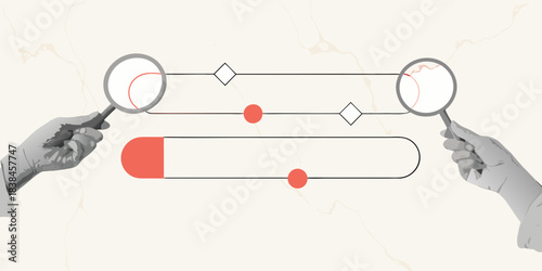 Hands with magnifying glasses examining abstract lines and shapes in grayscale